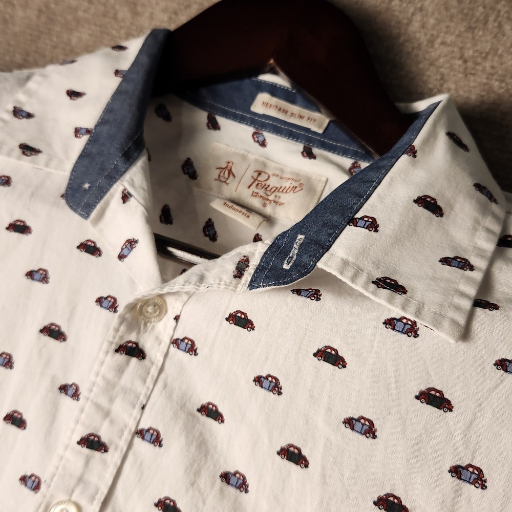 Original Penguin Men's Short Sleeve Button Down Shirt Car Print Size Medium